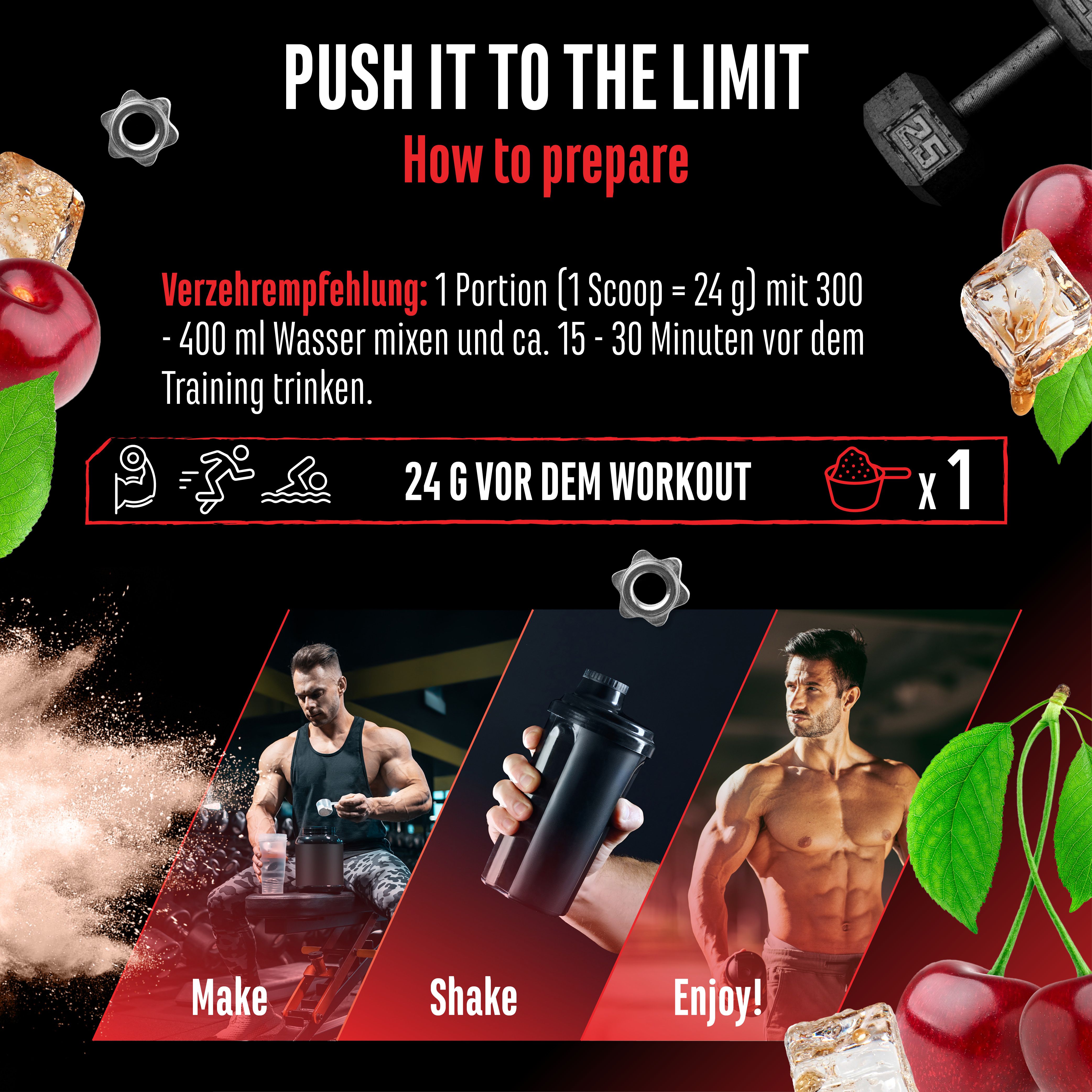 Anleitung zur Zubereitung von GEN Push It To The Limit. Mischen mit Wasser, 24g vor dem Training. Illustrationen: Make, Shake, Enjoy!