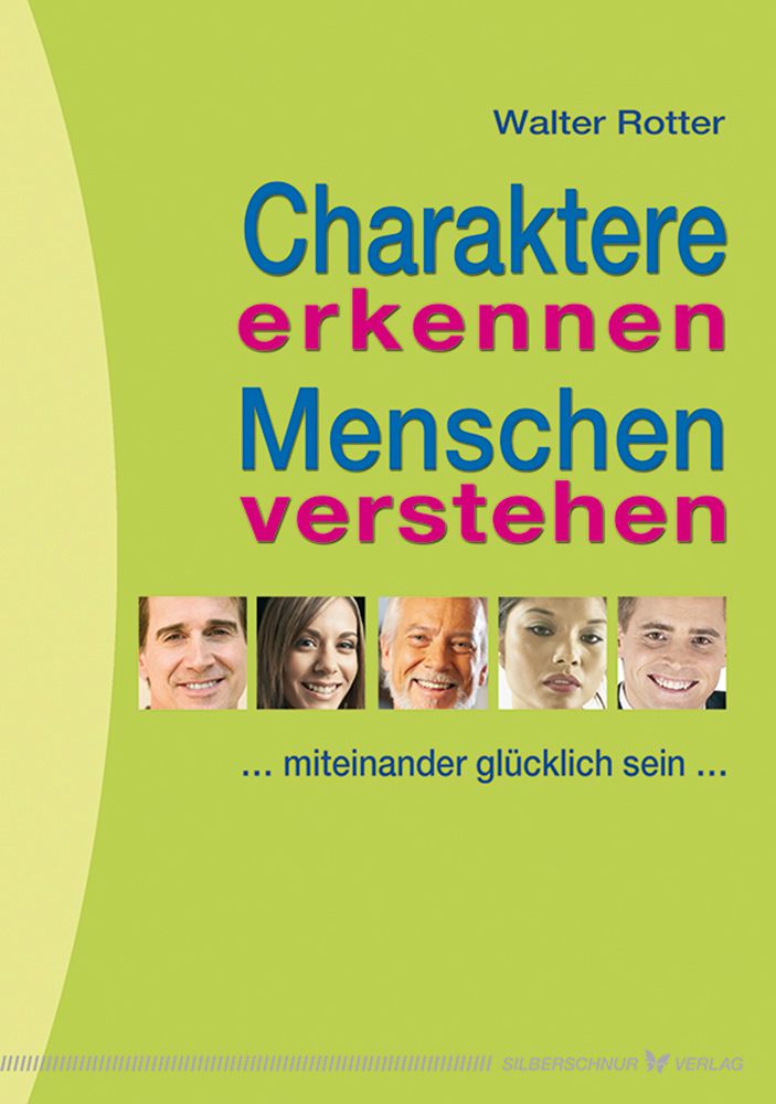 Buchcover mit Titel "Charaktere erkennen Menschen verstehen". Autor: Walter Rotter. Grün, blau, pink. Gesichter von Menschen.