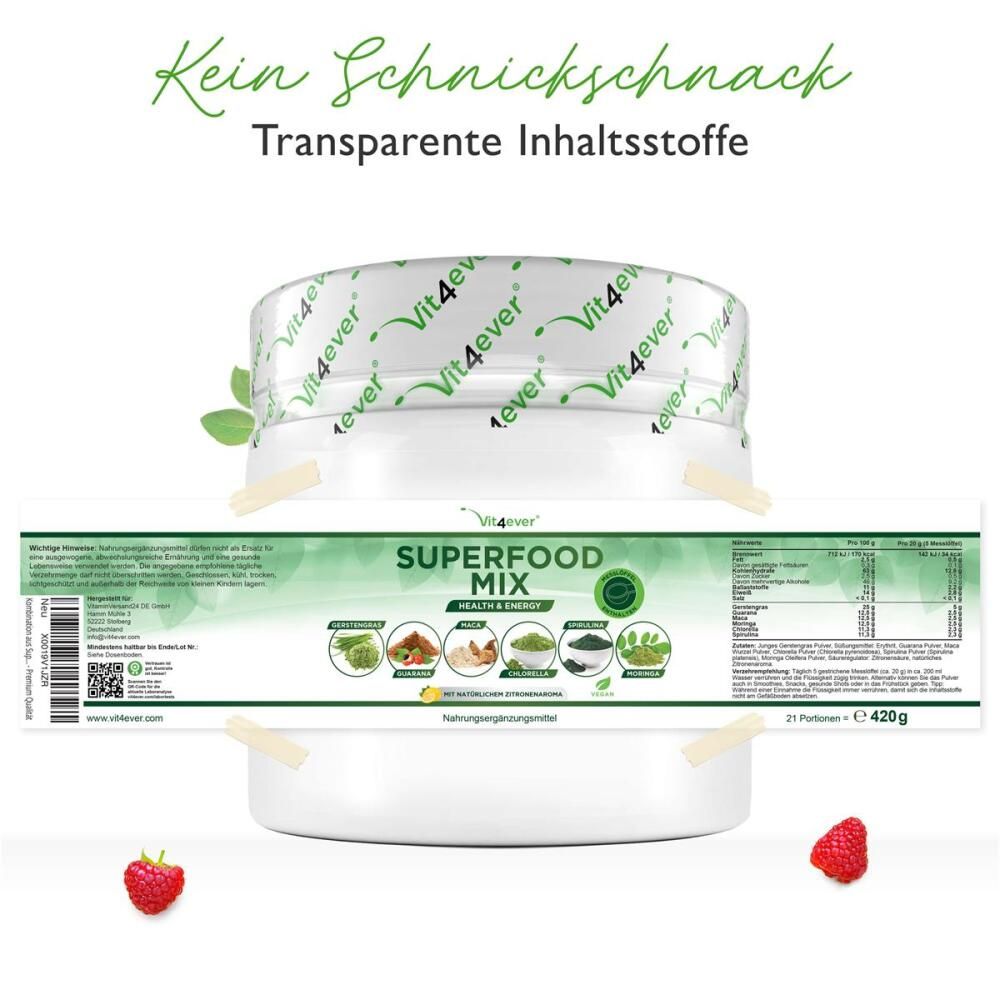 Produktverpackung des Superfood Mix. Dose mit Deckel und Etikett. Enthält Informationen zu Inhaltsstoffen und Nährwerten. 21 Portionen, 420g.