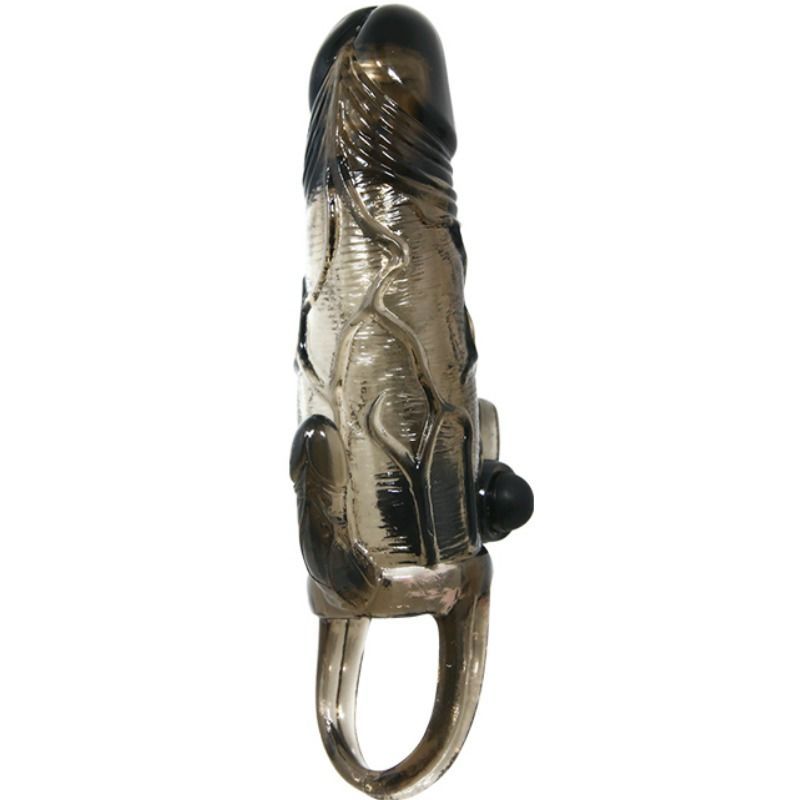 Penishülle mit Klitoris- und Analstimulation. Transparent-schwarz. Mit Stimulationselementen und Ring.