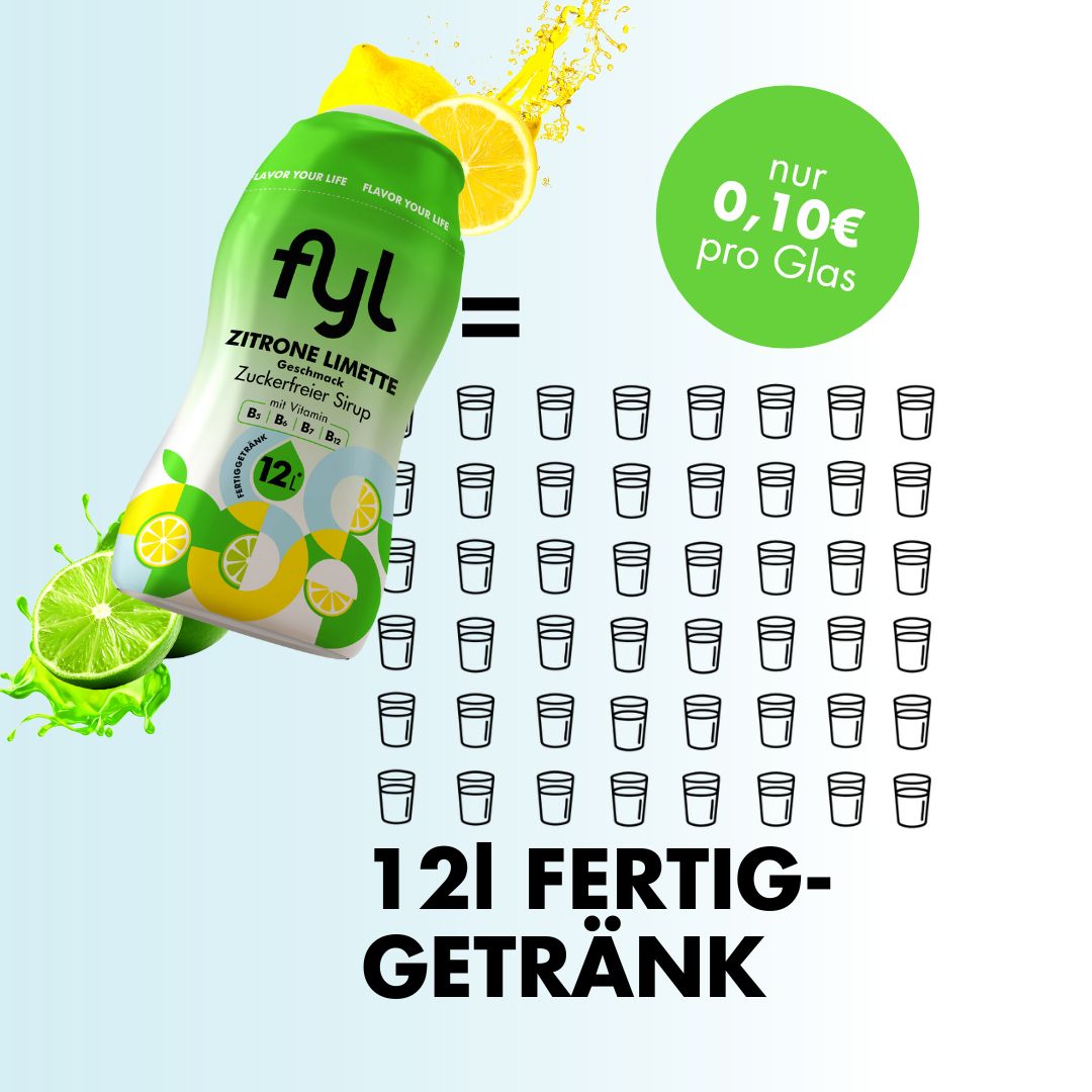 fyl Zitrone Limette Sirup, 12l Fertiggetränk. Preis pro Glas: 0,10€.