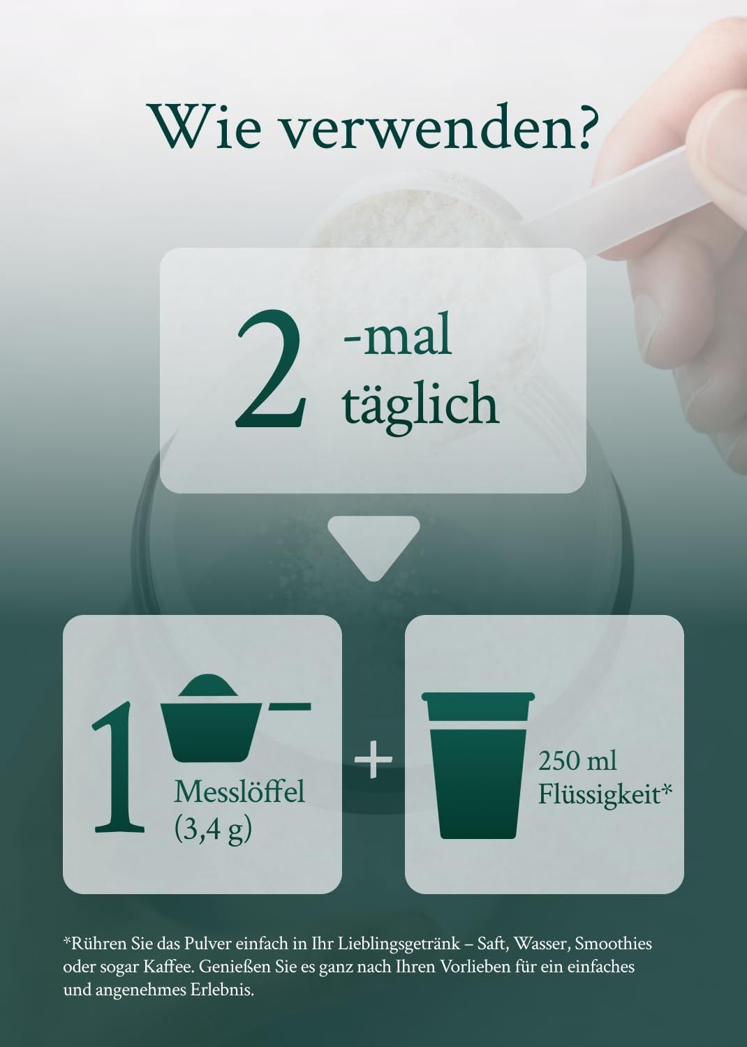 Anwendungshinweise für ein Pulverpräparat: 1 Messlöffel (3,4g) mit 250ml Flüssigkeit mischen, 2x täglich.
