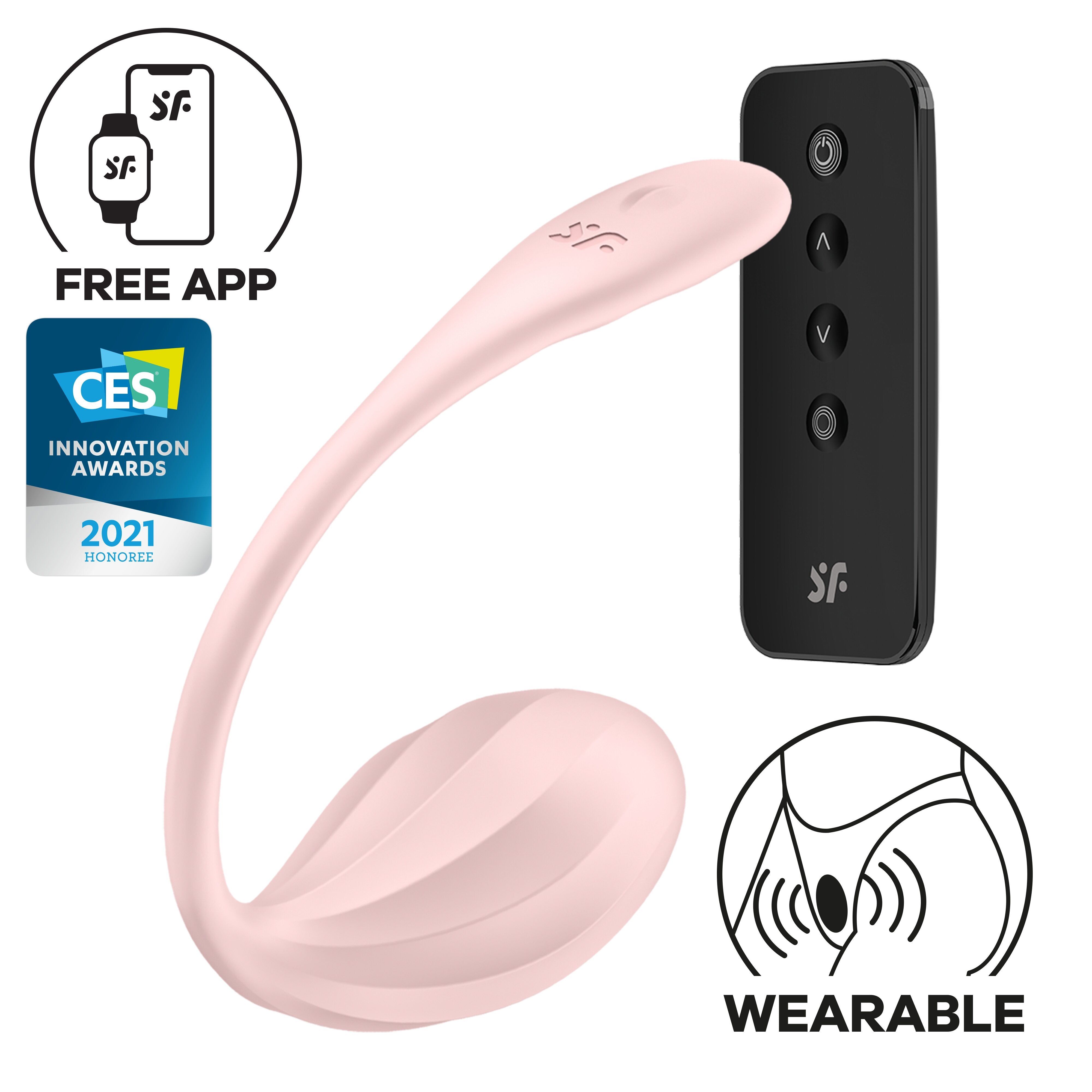 Rosa Vibrator, Fernbedienung, App-Logo, CES-Auszeichnung, Wearable-Symbol.
