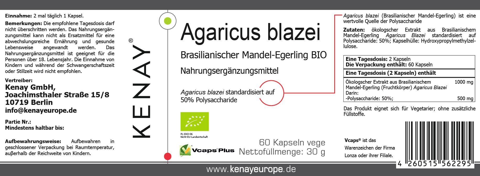 Etikett mit Text: Agaricus blazei, KENAY®, Bio-Siegel, 60 Kapseln, Nahrungsergänzungsmittel. Inhaltsstoffe und Nährwertangaben.