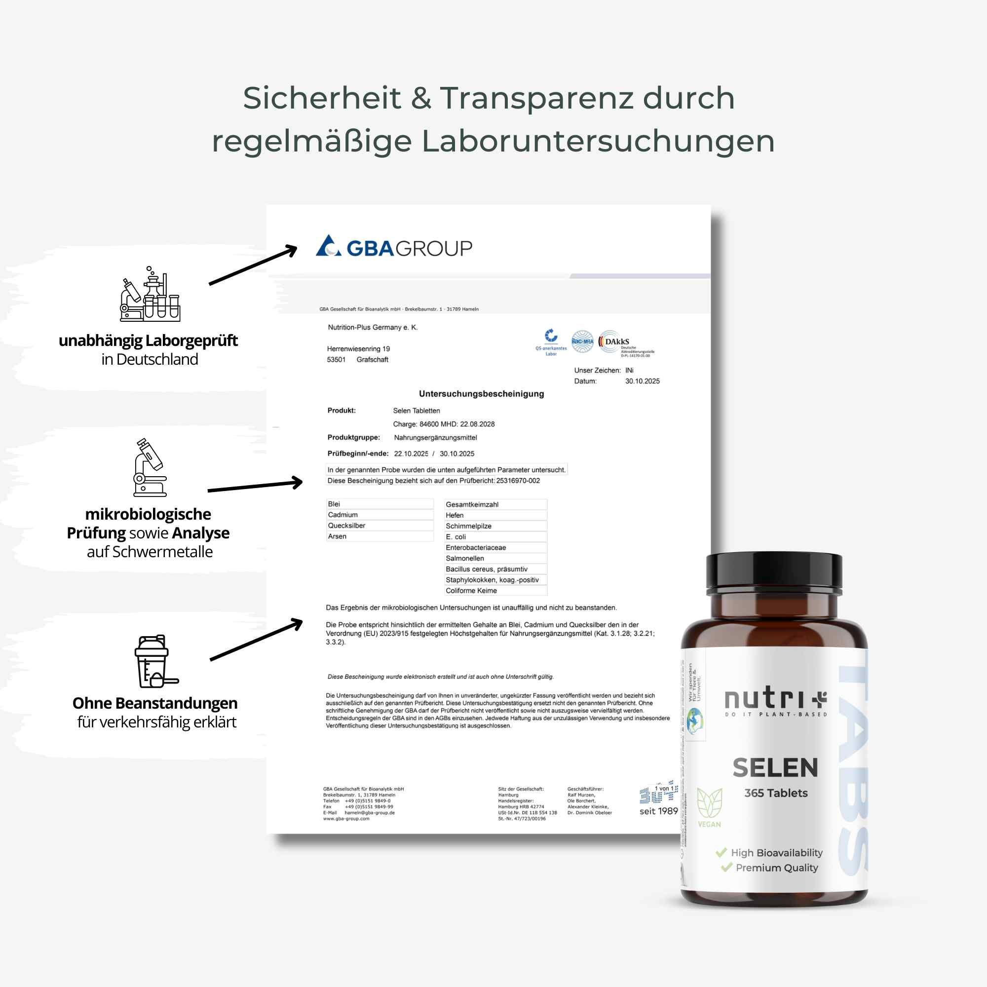 Vergleich nutri+ Selen Tabletten mit vergleichbaren Produkten: Kombination, Reinheit, Dosierung, Herkunft.