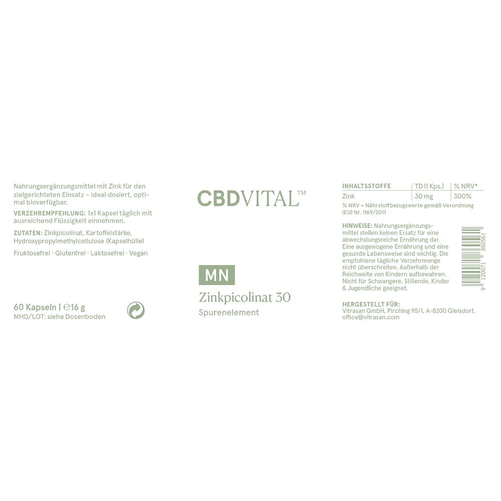 Etikett mit Produktinformationen. CBD VITAL, Zinkpicolinat 50, 60 Kapseln. Inhaltsstoffe, Dosierung, Herstellerangaben.