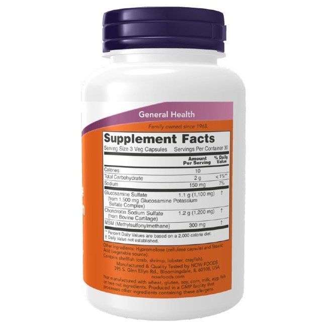 Rückseite der Now Foods Glucosamin Chondroitin mit MSM Flasche mit Nährwertangaben.