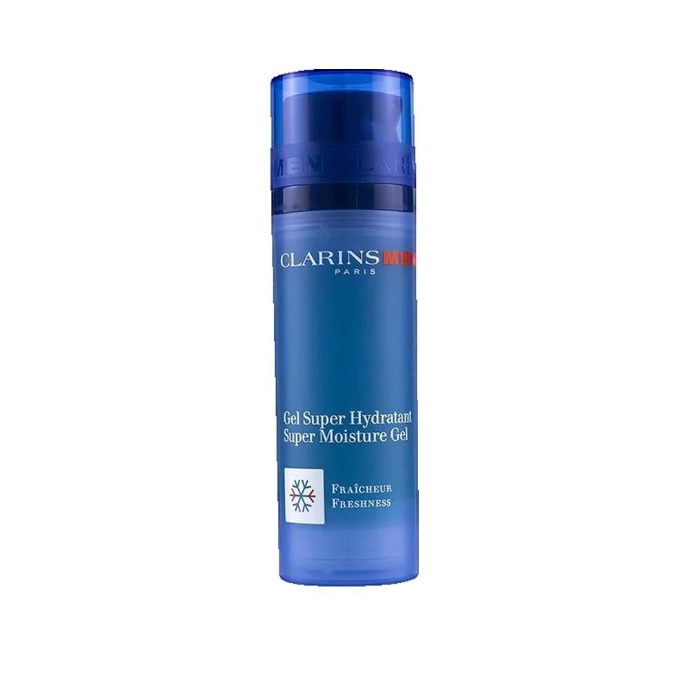 Blau-transparente Flasche mit blauem Deckel. Aufschrift: Clarins Paris, Gel Super Hydratant, Super Moisture Gel, Frische.