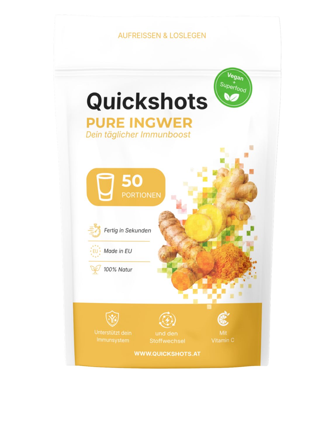 Rückseite eines Quickshots Ingwer-Berry Glow Pulverbeutels mit Zutatenliste und Nährwertangaben.