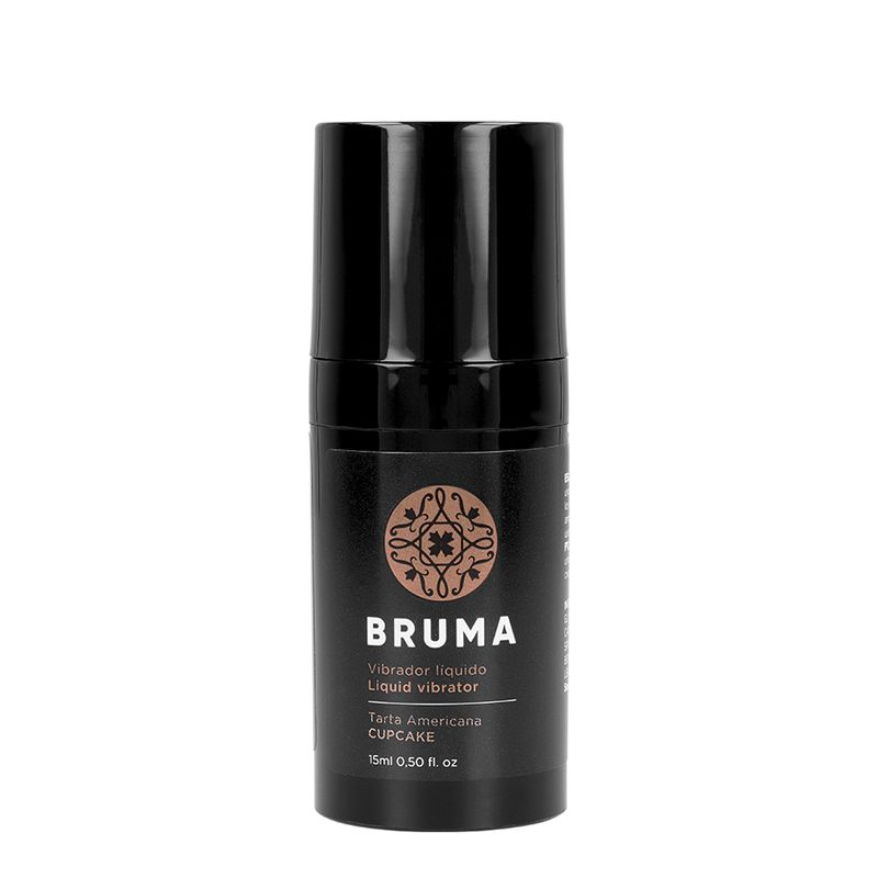 Schwarze Flasche mit Etikett. Aufschrift: Bruma, Flüssigvibrator, Cupcake. 15ml Format.