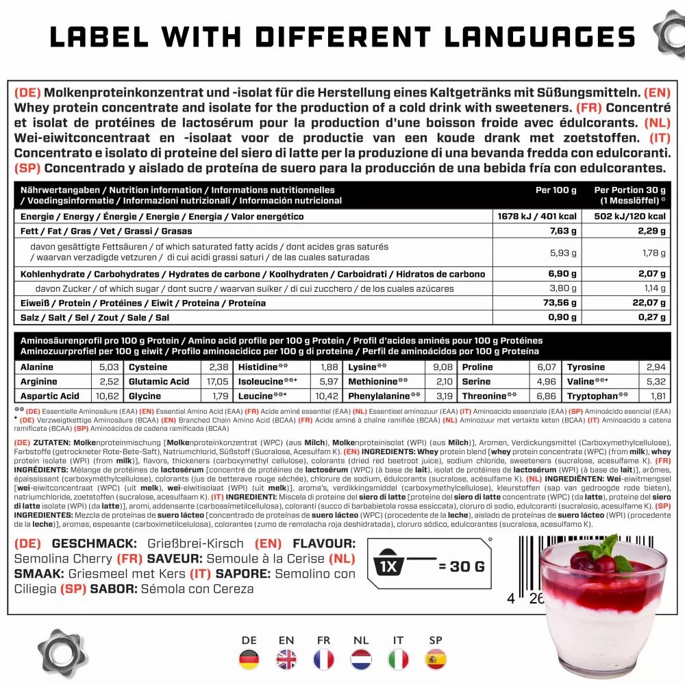 Etikett mit Nährwertangaben und Aminosäureprofil in verschiedenen Sprachen. Enthält Informationen zu Energie, Fett, Kohlenhydraten, Eiweiß, Salz und Aminosäuren.