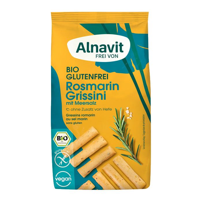 Verpackung mit glutenfreien Rosmarin Grissini. Aufschrift: Alnavit, Bio, vegan. Grissini-Sticks und Rosmarinzweig abgebildet.