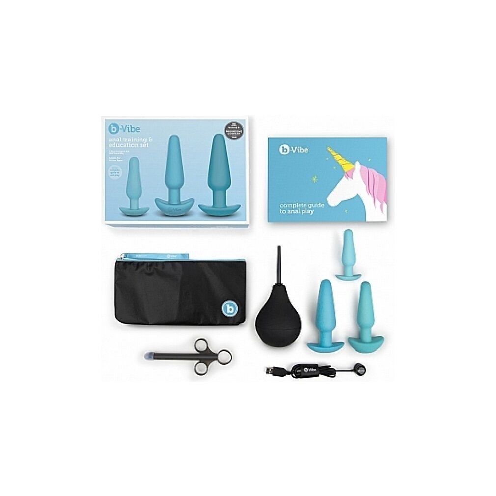 Set mit Analplugs, Zubehör, Tasche, Anleitung und Reinigungsgerät. Blau und schwarz. Verpackung mit Einhorn.