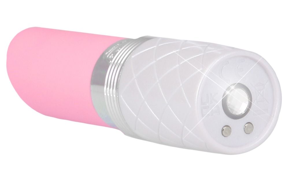 Lippenstift-Vibrator in Rosa und Weiß mit Rautenmuster und Bedienelementen.