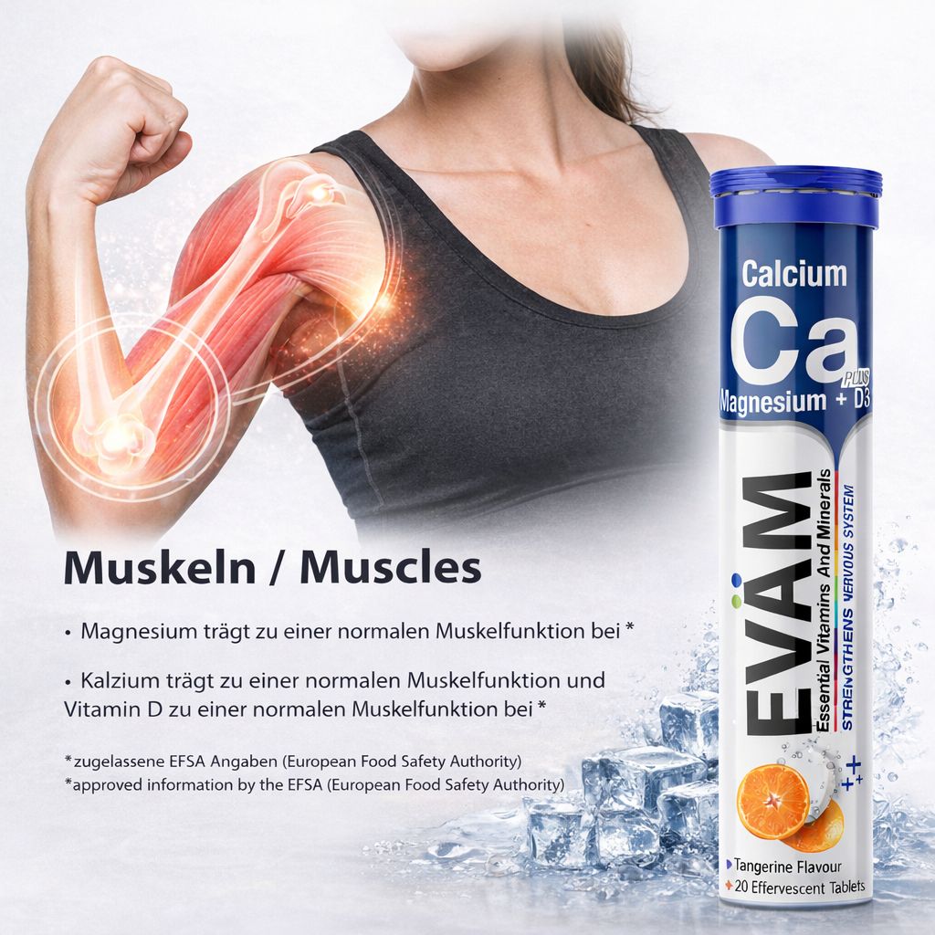 Frau mit Muskeln. Produkt: EVÄM Calcium + Magnesium + D3. Text: Magnesium für Muskeln. Calcium, Magnesium und Vitamin D für Muskeln.
