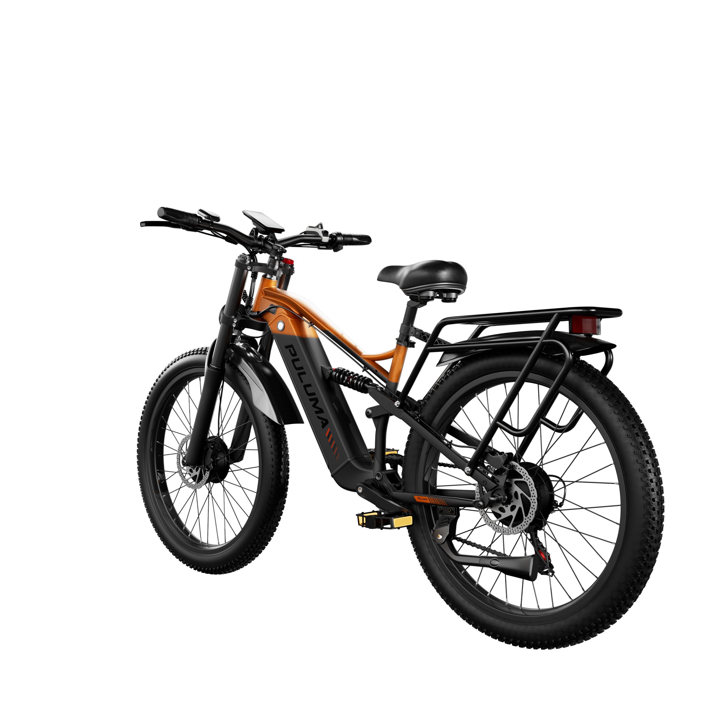 Elektrofahrrad PULUMA PE86 Pro mit Doppelmotor. Orangefarbener Rahmen, schwarze Reifen und Gepäckträger. Rückansicht.