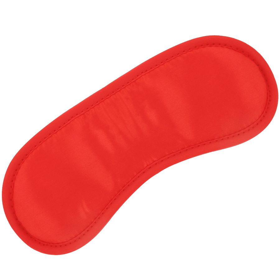 Rote Augenmaske. Ovale Form. Schwarzer Rand. Oberseite aus glattem Material.