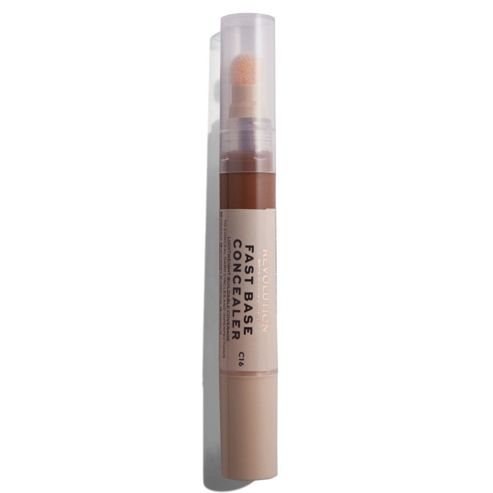 Concealer-Stift mit Schwammapplikator. Farbton C16. Aufschrift: Fast Base Concealer. Marke: Revolution.