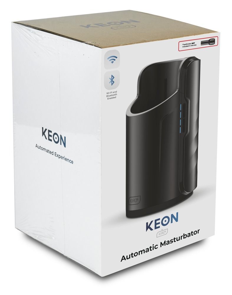 Verpackung des Kiiroo Keon automatischen Masturbators mit Produktabbildung und Bluetooth/WiFi-Symbolen.