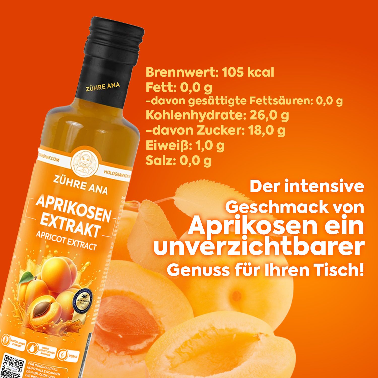 Flasche mit Aprikosenextrakt, Etikett mit Früchten und Text.