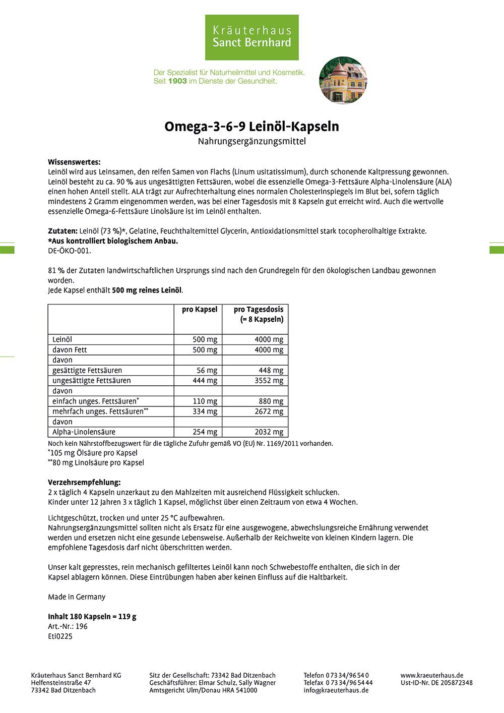 Infoblatt mit Informationen zu Omega-3-6-9 Leinöl-Kapseln. Text in deutscher Sprache, Tabellen mit Nährwertangaben.