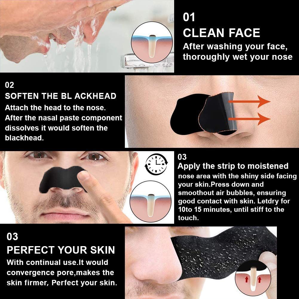 Anleitung zur Anwendung von Blackhead Nose Strips. Schritte: Reinigen, erweichen, auftragen und perfektionieren.