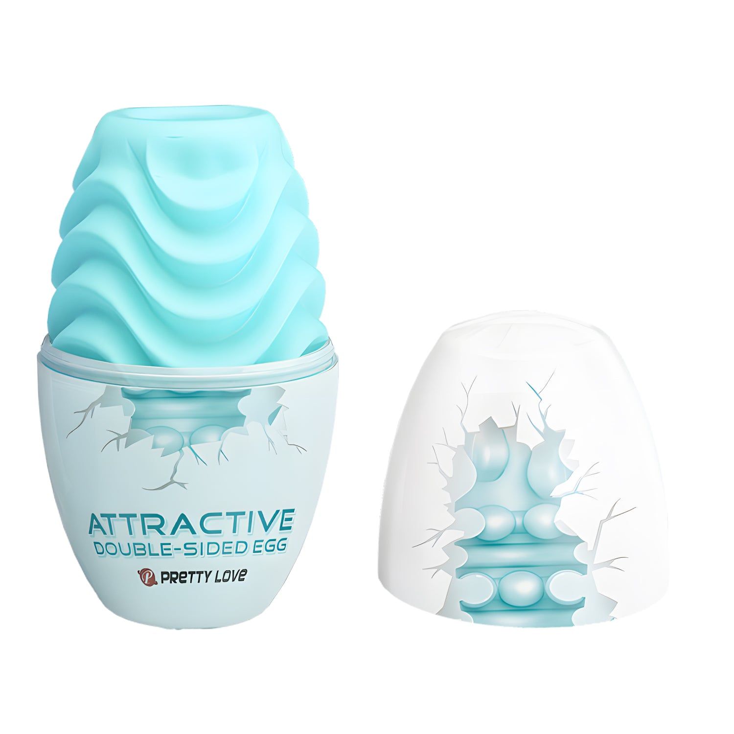 Hellblaues, eiförmiges Produkt mit gewellter Oberfläche. Aufschrift: ATTRACTIVE DOUBLE-SIDED EGG, PRETTY LOVE. Mit Deckel.