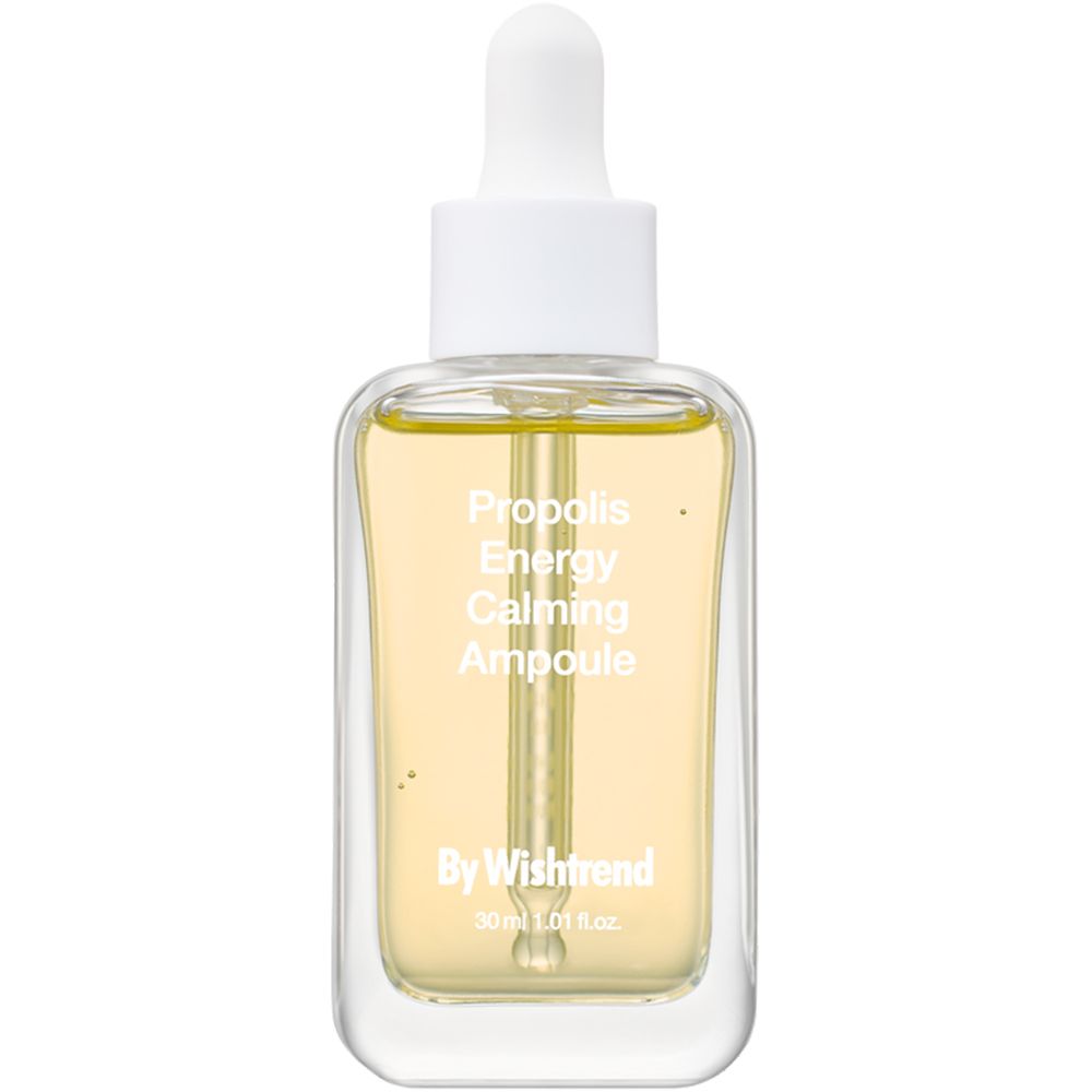 Glasflasche mit gelber Flüssigkeit und Pipette. Aufschrift: Propolis Energy Calming Ampoule, By Wishtrend.