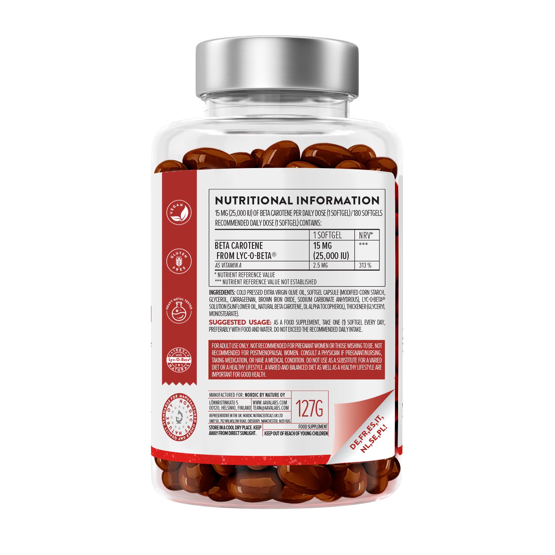 Rückseite der Flasche mit Kapseln. Enthält Nährwertangaben und Informationen. Aufschrift: Beta Carotin, 127g.