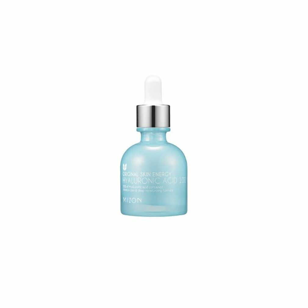 Hellblaue Flasche mit silbernem Deckel und Pipette. Aufschrift: Original Skin Energy Hyaluronic Acid 100. Marke: Mizon.