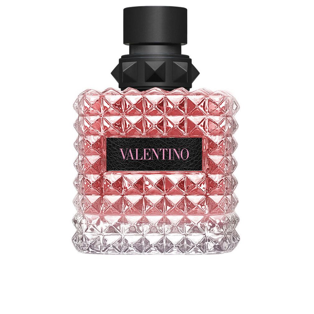 Valentino Donna Born in Roma Eau de Parfum Flakon. Rosa Flüssigkeit. Schwarzer Verschluss. Text: VALENTINO.