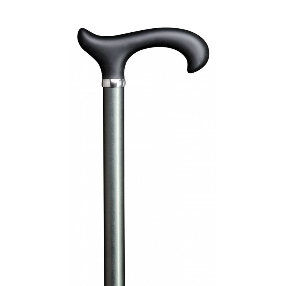 Gehstock mit ergonomischem, grauem Griff. Der Stock ist höhenverstellbar und hat eine silberne Manschette.