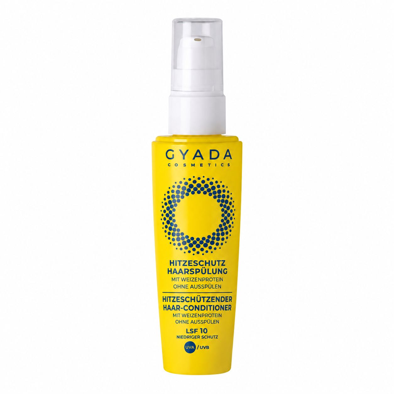 Gelbe Sprühflasche "GYADA COSMETICS" Hitzeschutz Haarsprühung mit LSF 10.