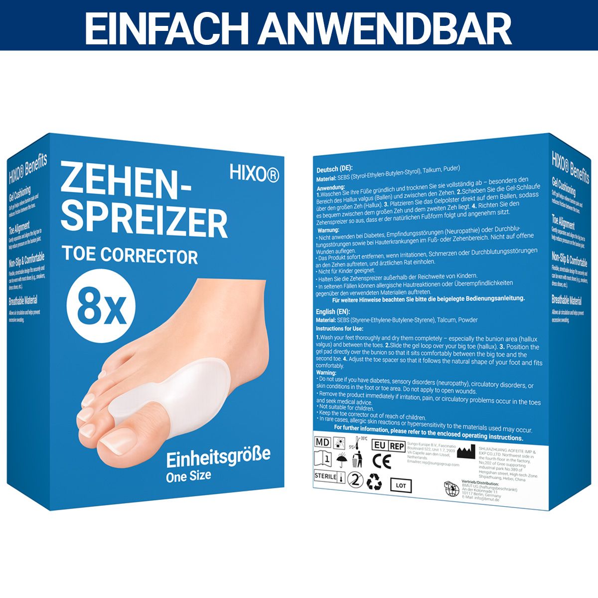 HIXO Zehenspreizer Hallux Valgus - Ballenschutz & Zehentrenner aus weichem Silikon ohne BPA