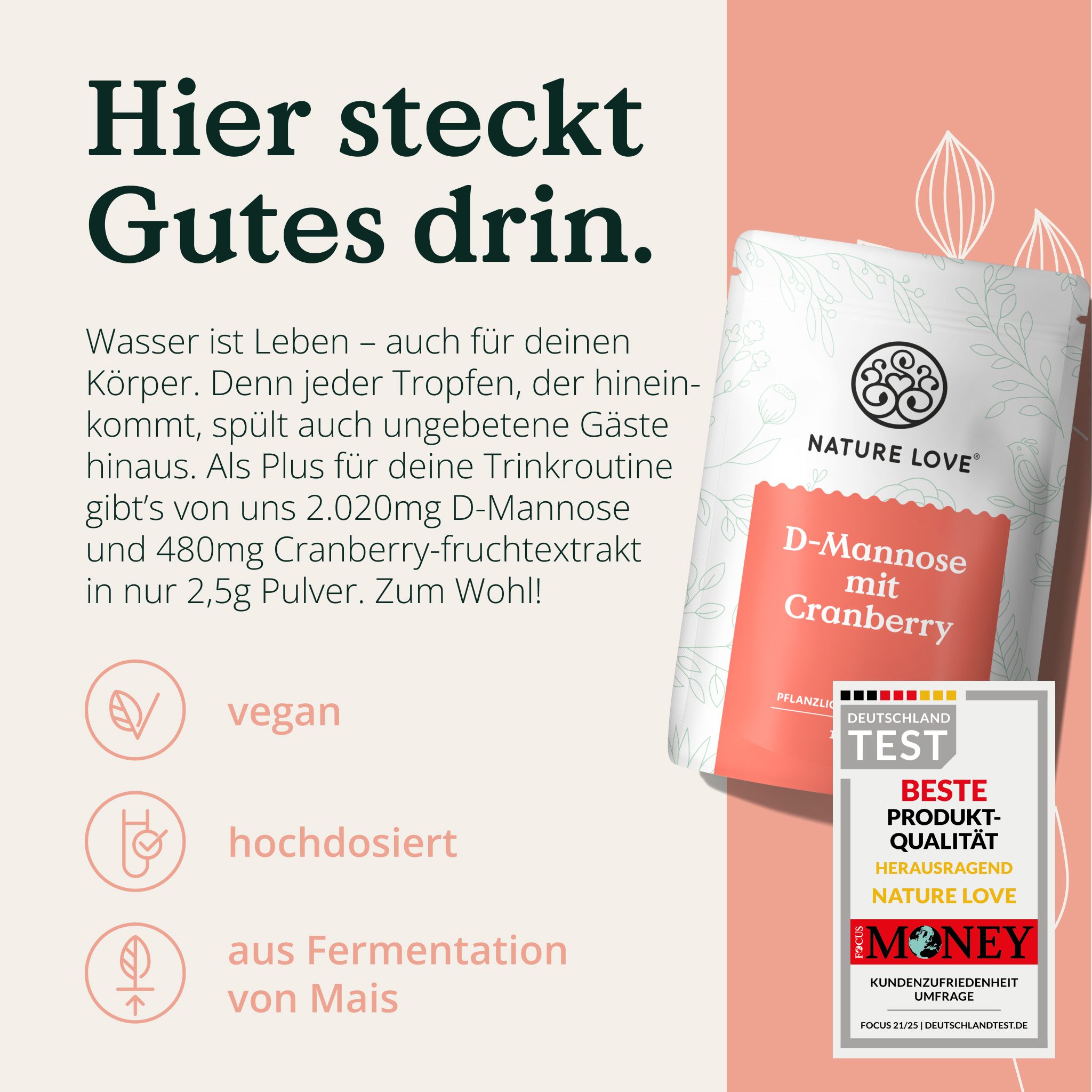 Beutel mit rotem Etikett. Text: Hier steckt Gutes drin. Icons: vegan, hochdosiert, aus Fermentation von Mais. Auszeichnung: Deutschland Test.