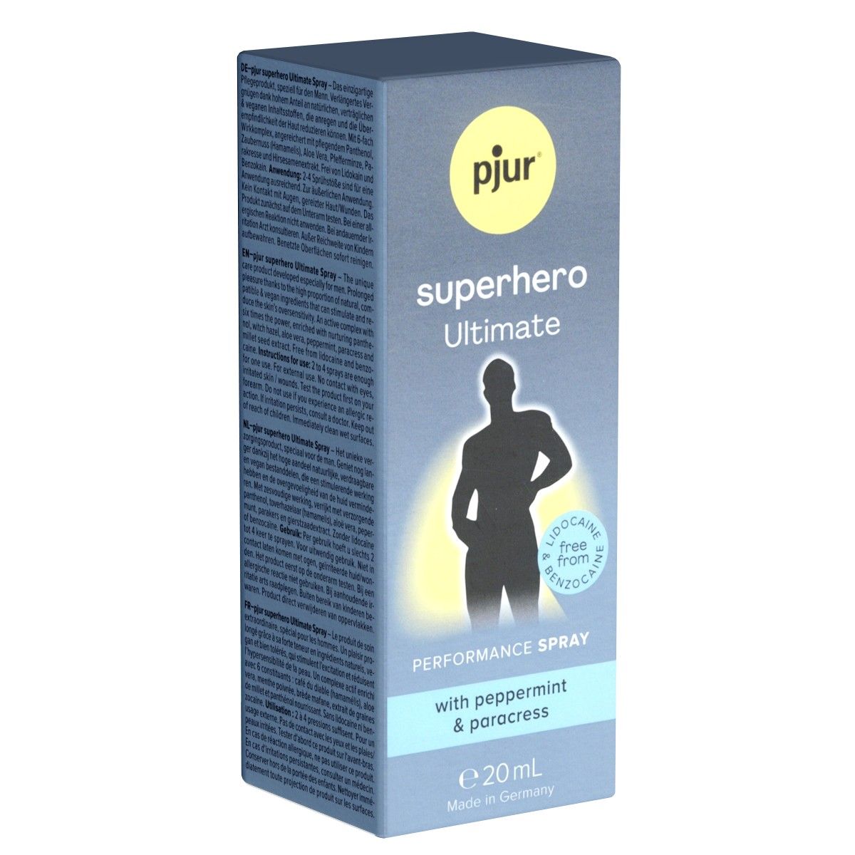 Karton mit Produktaufdruck. Aufschrift: pjur, superhero Ultimate, Performance Spray. Enthält Pfefferminze & Paracress. 20ml. Made in Germany.
