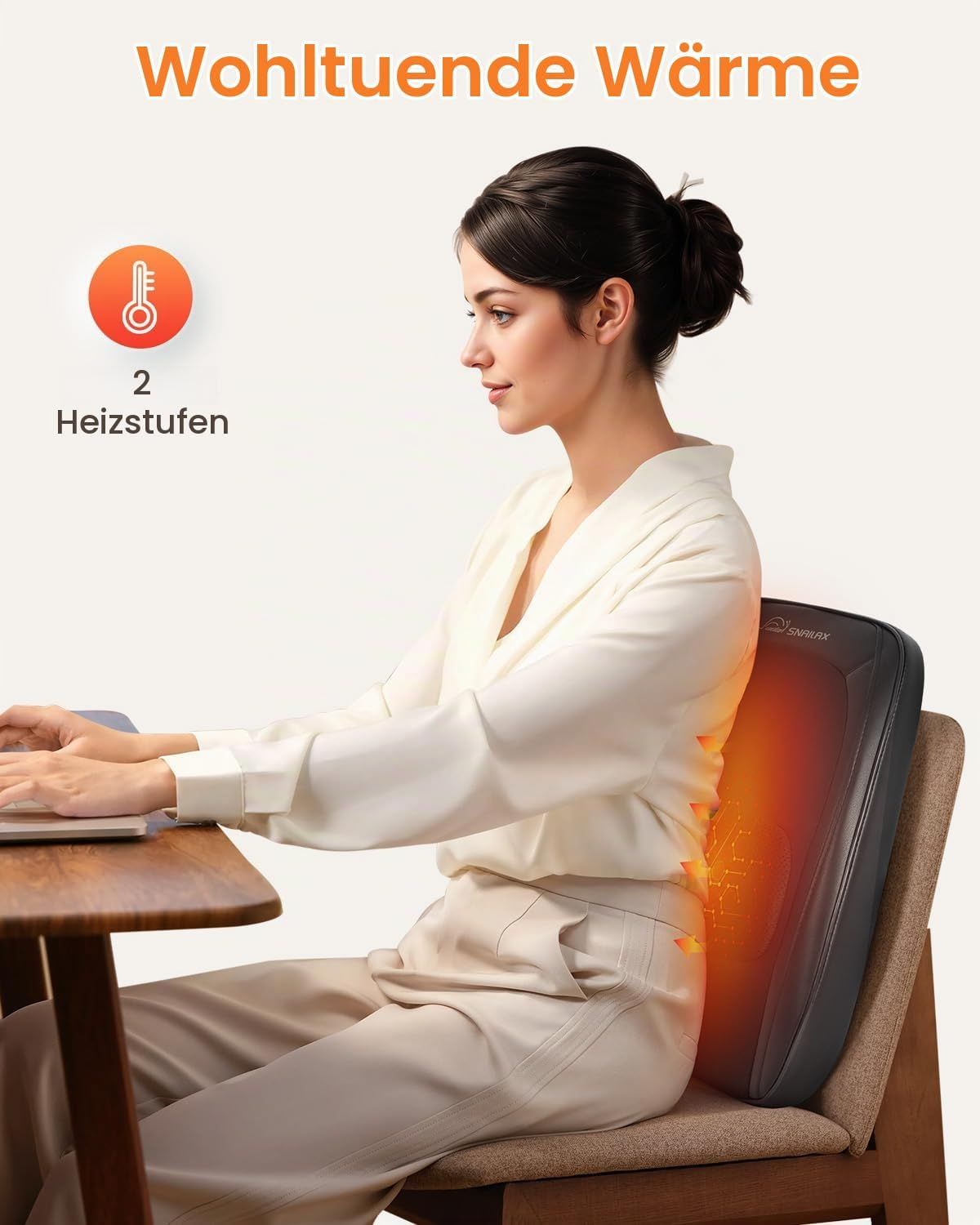 Schwarzes Massagekissen mit SNAILAX-Logo, perforierter Mitte und Heizfunktion.