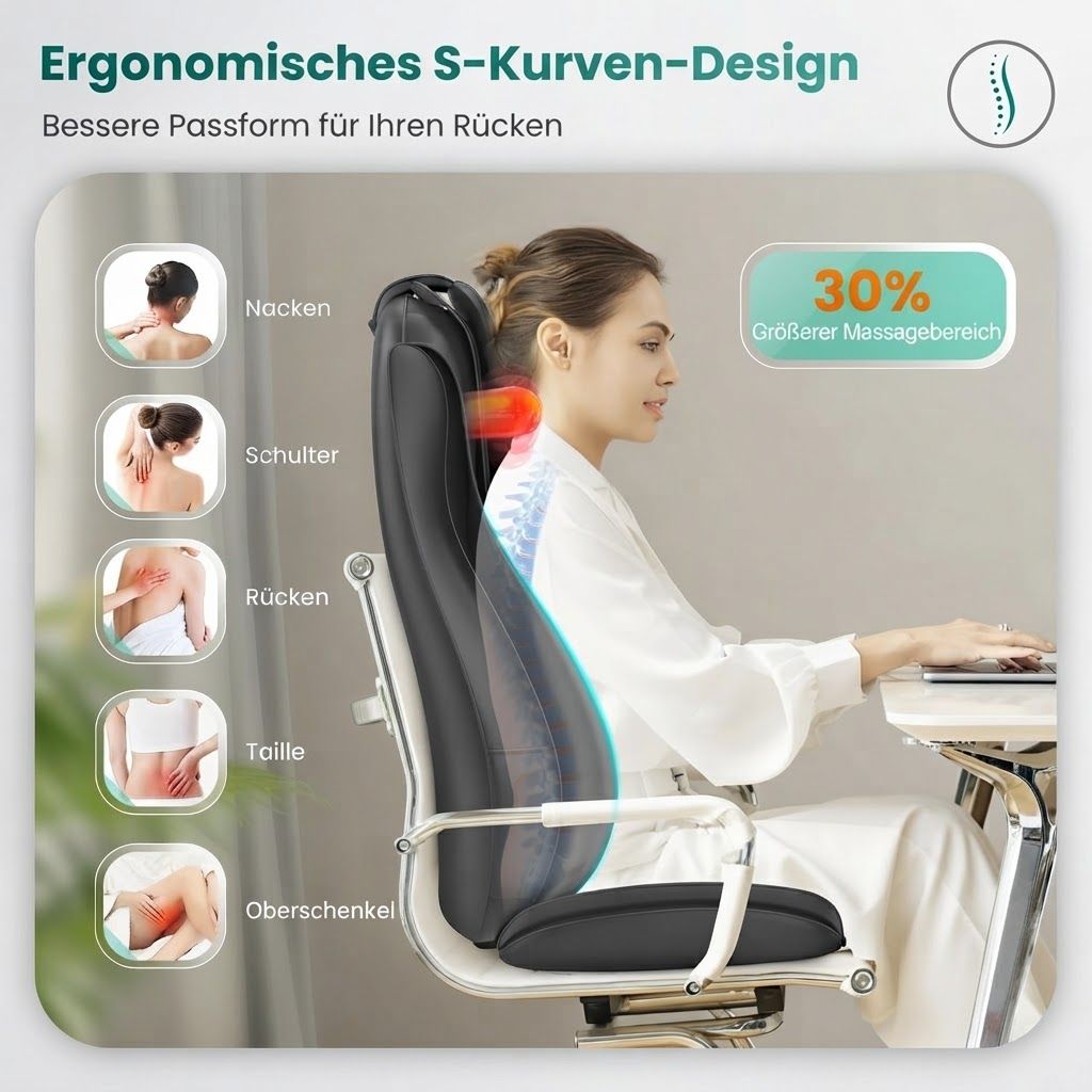 Schwarzes Massagekissen mit SNAILAX-Logo, perforierter Mitte und Heizfunktion.