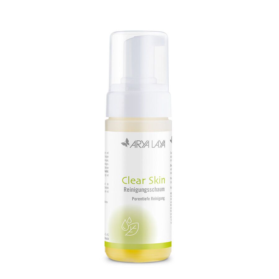 Flasche mit Pumpspender, Arya Laya Clear Skin Reinigungsschaum, mit Blatt- und Tropfensymbol.