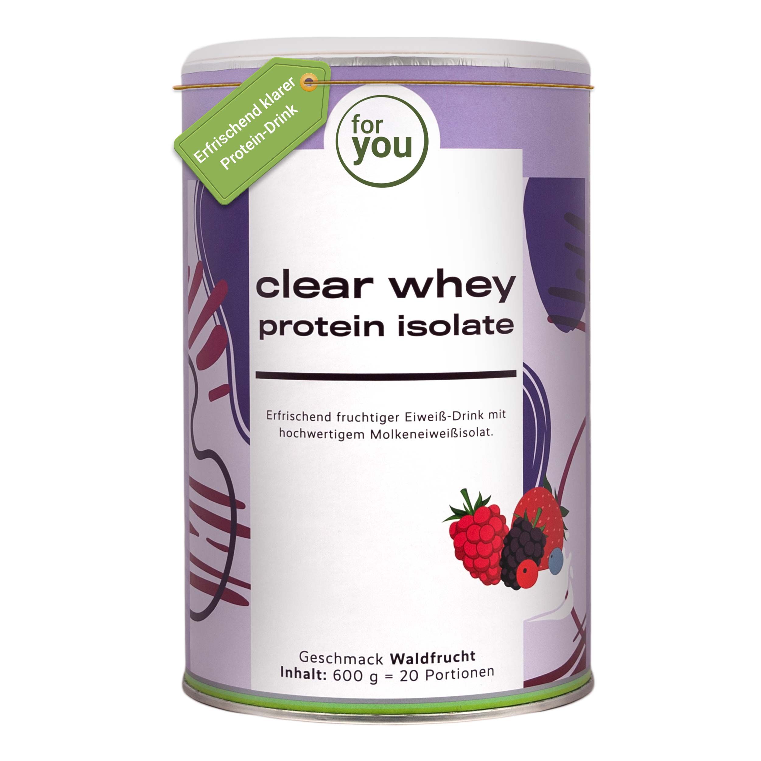 Dose Clear Whey Protein Isolate mit Beeren und einem Anhänger.