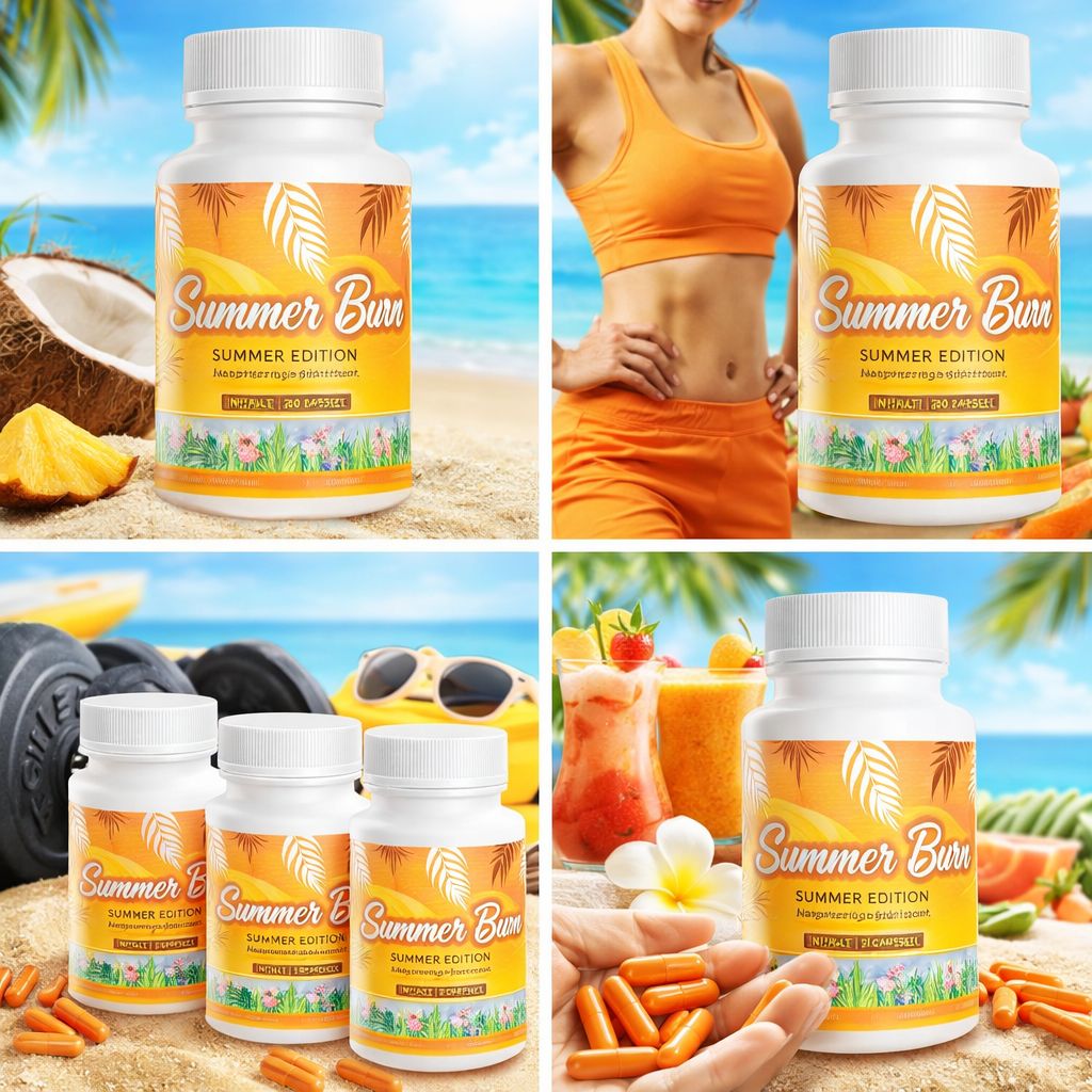 Weiße Flasche mit gelbem Etikett. Aufschrift: Summer Burn, Summer Edition, 60 Kapseln. Mehrere Darstellungen mit Strandhintergrund und Früchten.