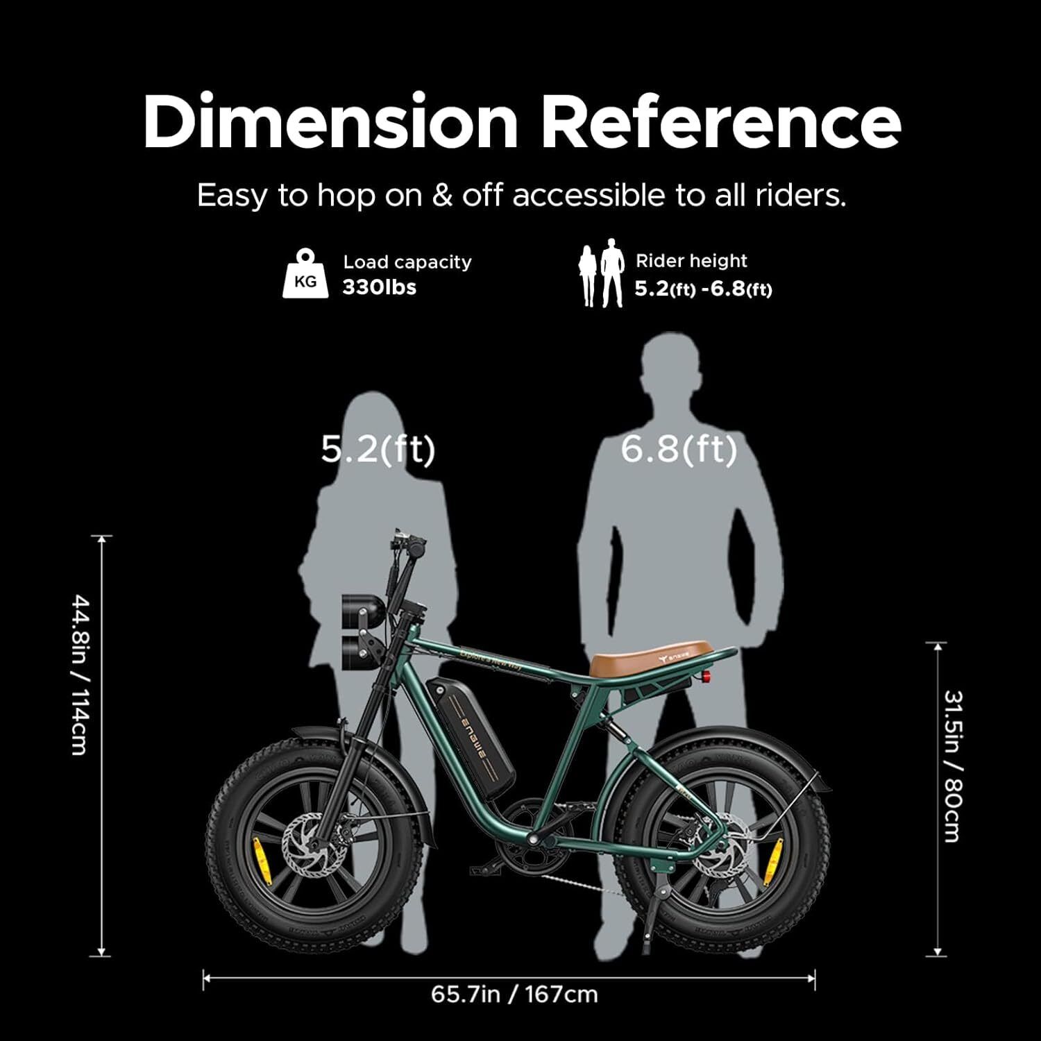 Infografik: Elektrofahrrad mit Maßen und Personen. Text: Dimension Reference. Last 330lbs, Höhe 5.2-6.8ft.