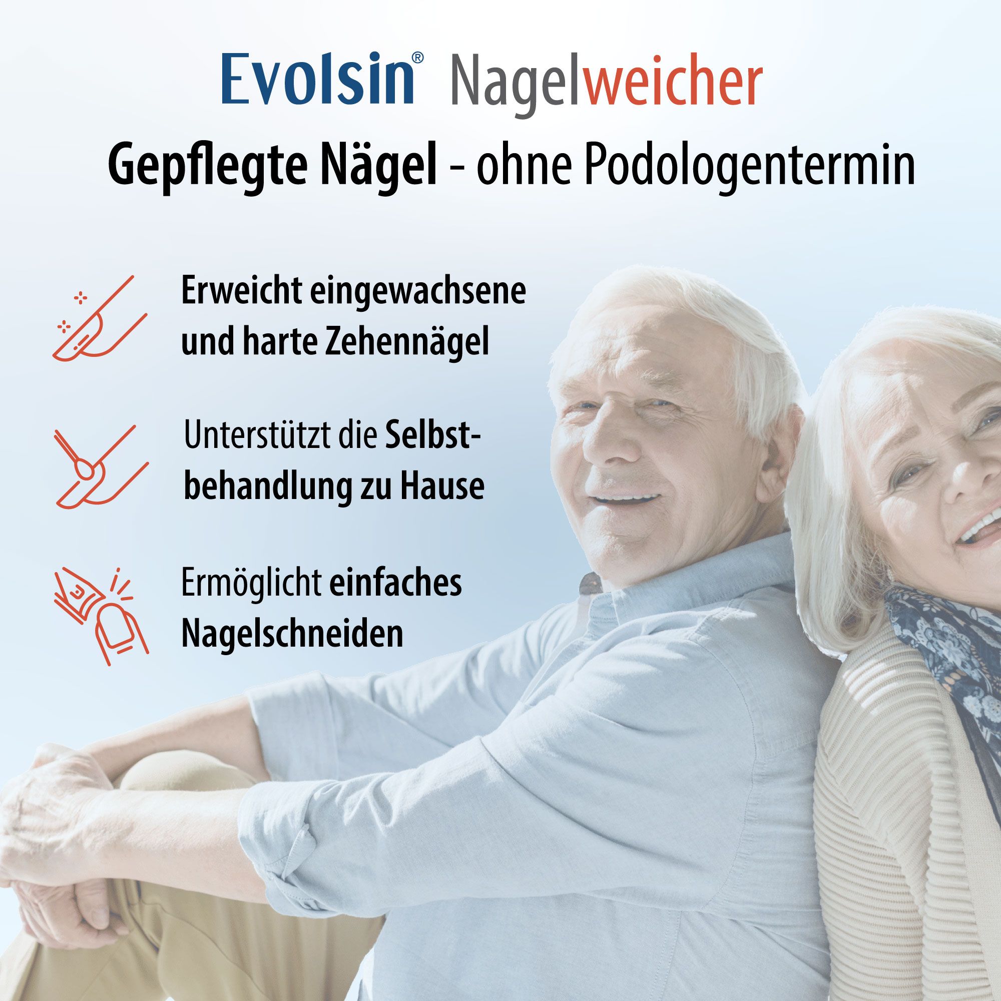 Werbebild mit älterem Ehepaar. Text: Erweicht eingewachsene Zehennägel, unterstützt Selbstbehandlung, ermöglicht Nagelschneiden.