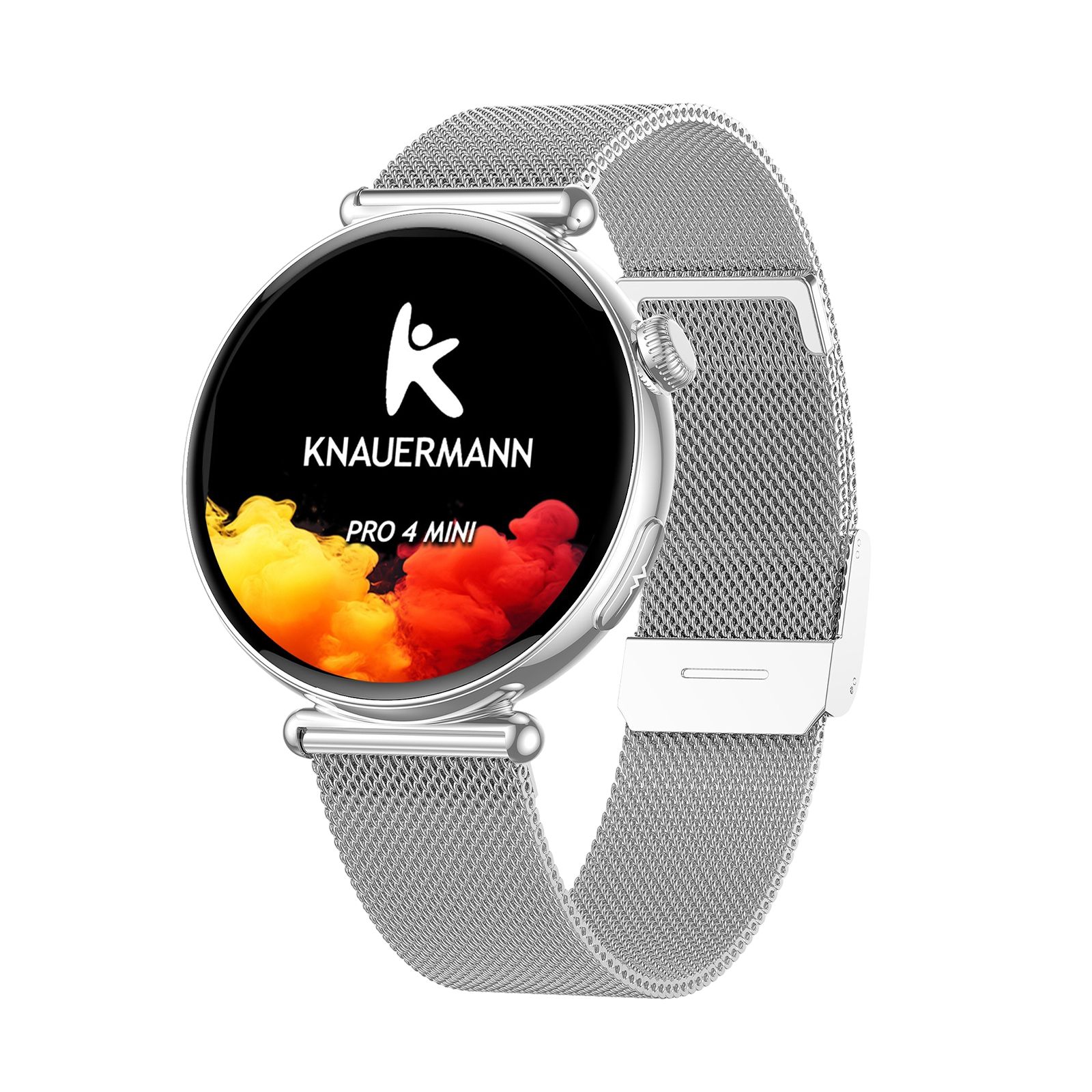 Smartwatch, silbernes Gehäuse, Metallarmband. Auf dem Display: Logo, Schriftzug KNAUERMANN PRO 4 MINI. Seitenansicht.