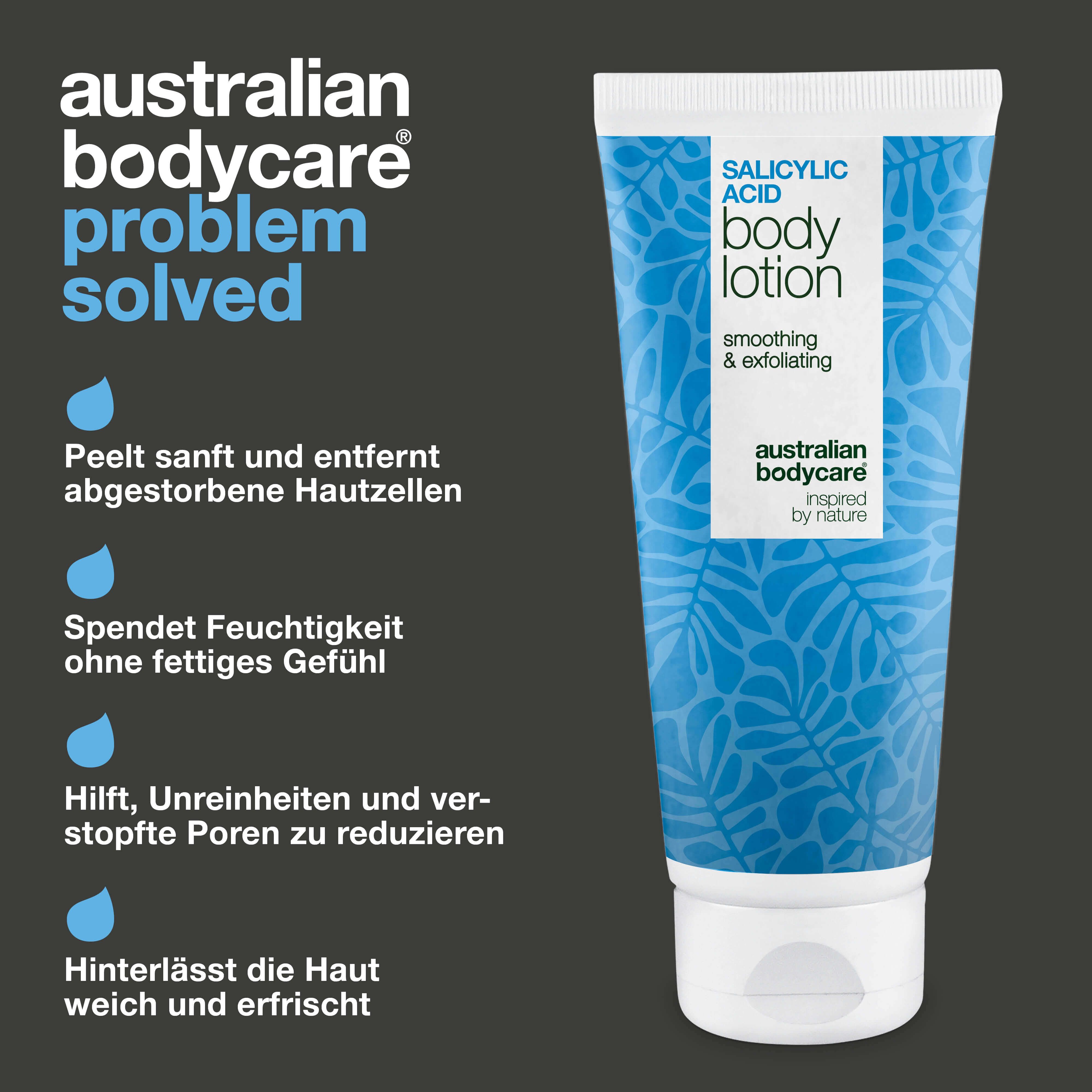 Tube Salicylsäure-Körperlotion. Text: smoothing & exfoliating. Marke: Australian Bodycare. Blaue Tropfen.