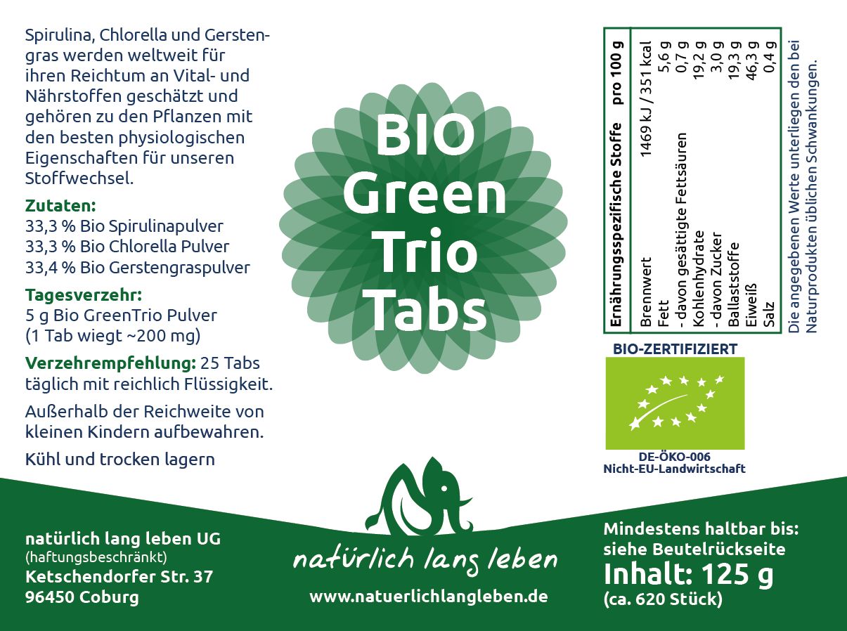 Rückseite der Verpackung von BIO Green Trio Tabs mit Nährwertangaben, Zutatenliste und BIO-Zertifizierung.