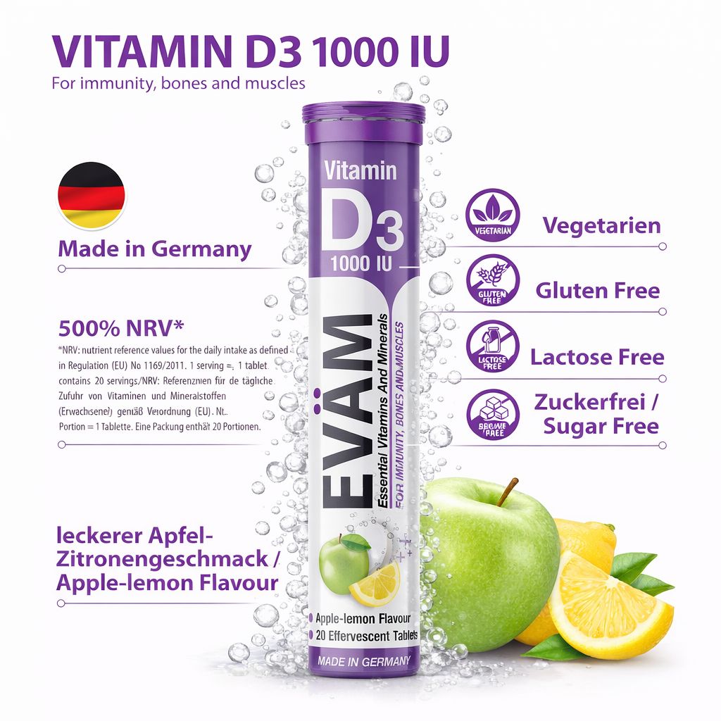 Vitamin D3 1000 IE Brausetabletten. 20 Tabletten. Apfel-Zitronen-Geschmack. Made in Germany. Vegetarisch, glutenfrei, laktosefrei, zuckerfrei.