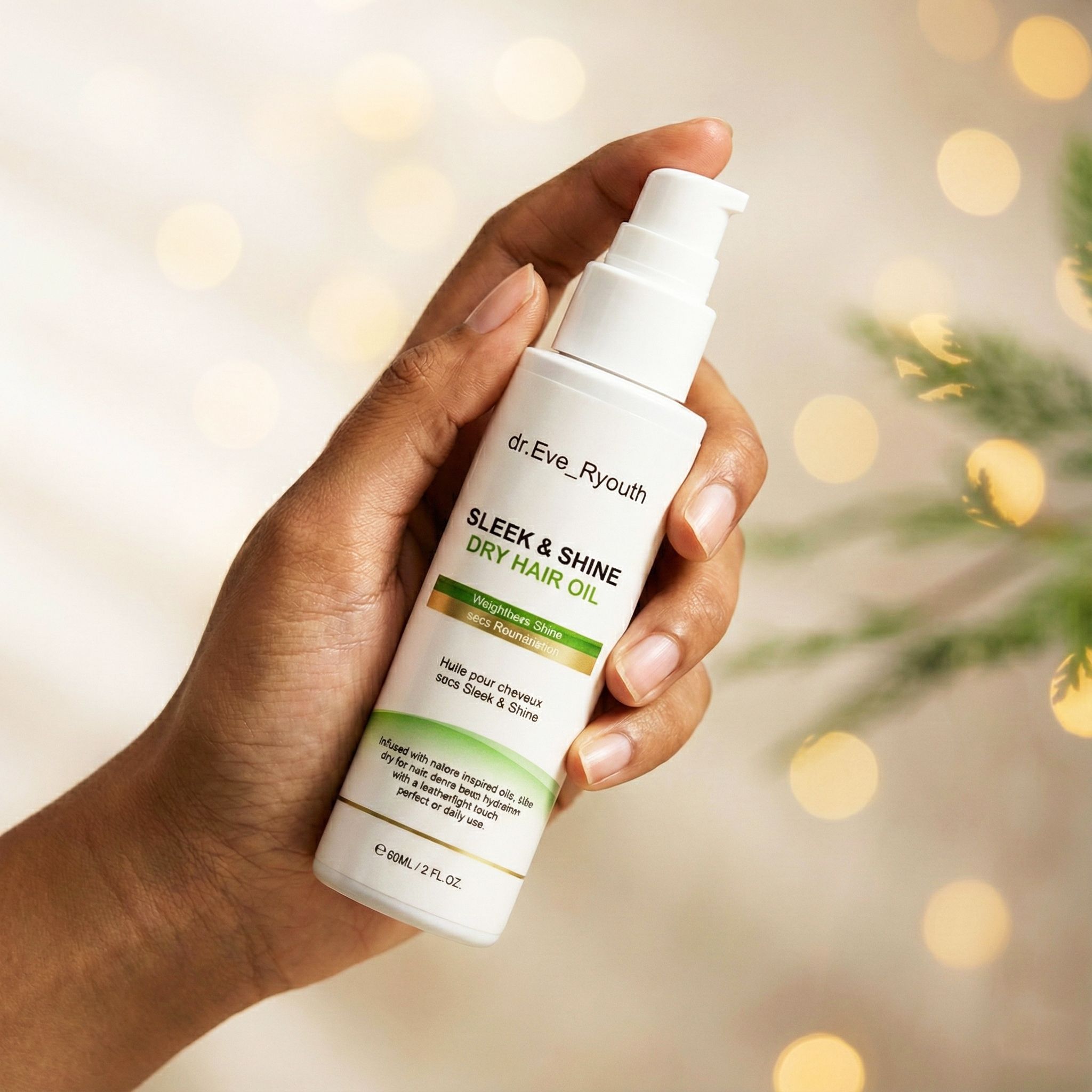 Eine Hand hält eine weiße Flasche mit Sleek & Shine Trockenöl für Haare von dr. Eve_Ryouth.