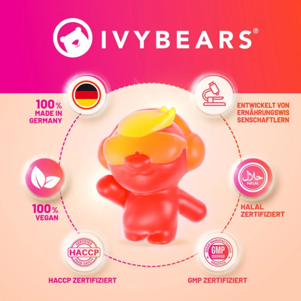 Roter Gummibär mit gelben Ohren. Logos: 100% Made in Germany, 100% Vegan, Halal, HACCP, GMP.