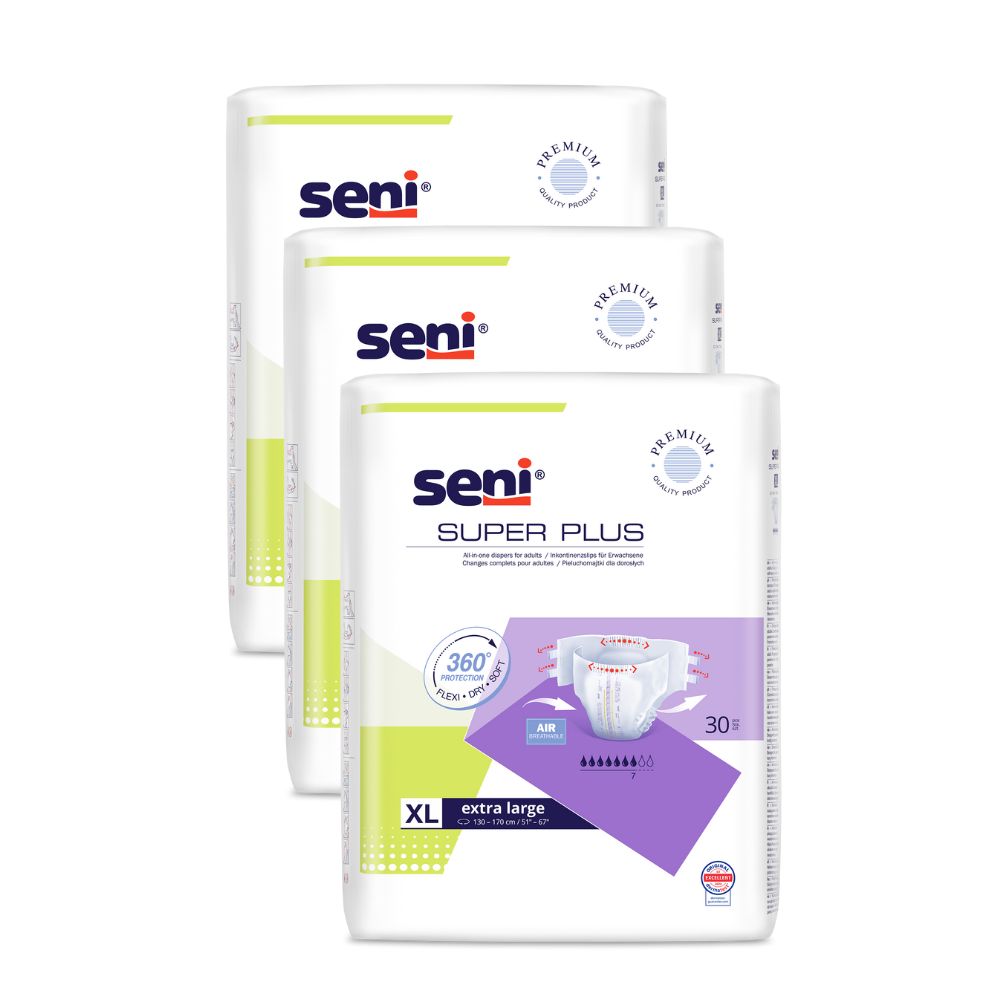 Drei Packungen Super Seni Plus Windeln, XL, mit Seni-Logo und Produktbezeichnung. Premium-Qualität, 360° Flex, Air-System.